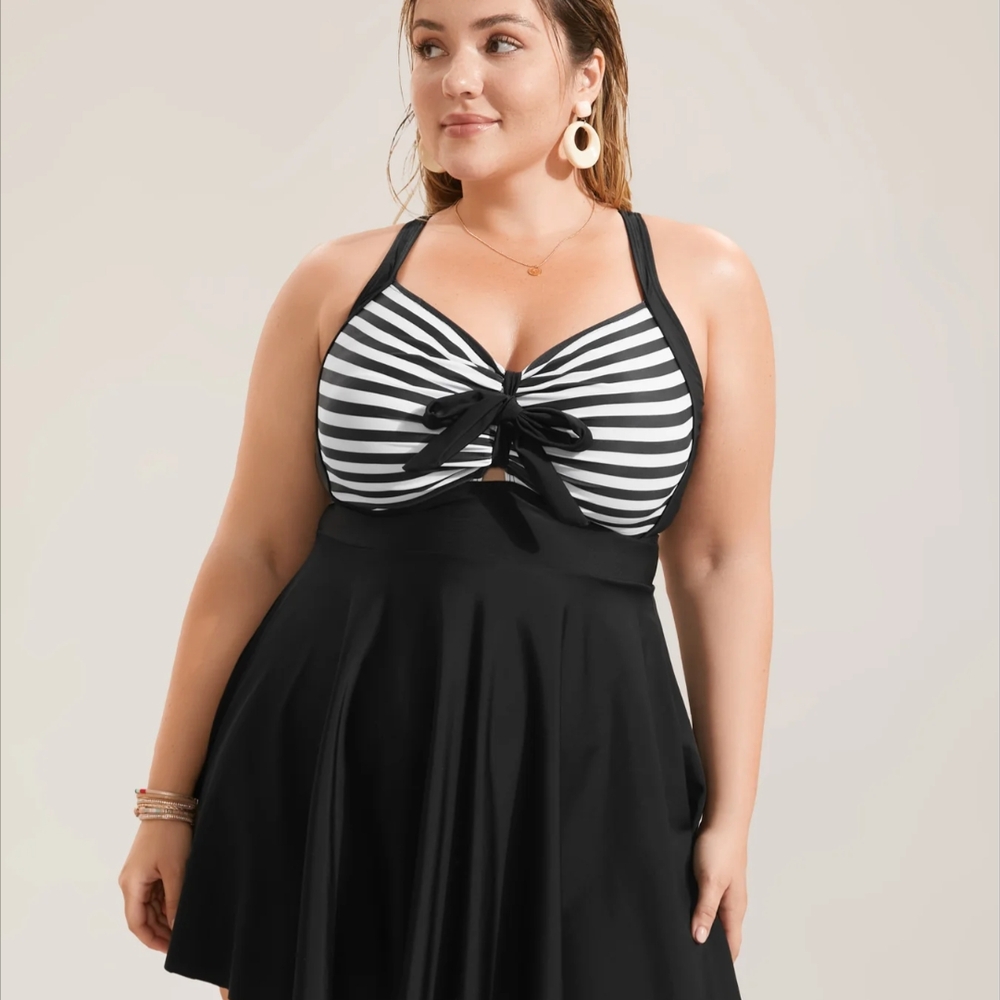 BloomChic Black and White Striped Swim Dress